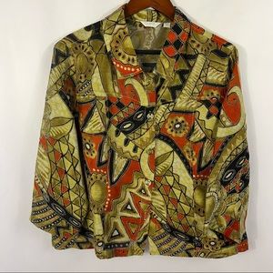 Erin London Top XL Aztec Floral Sheer Textured Graphic Button Up Blo